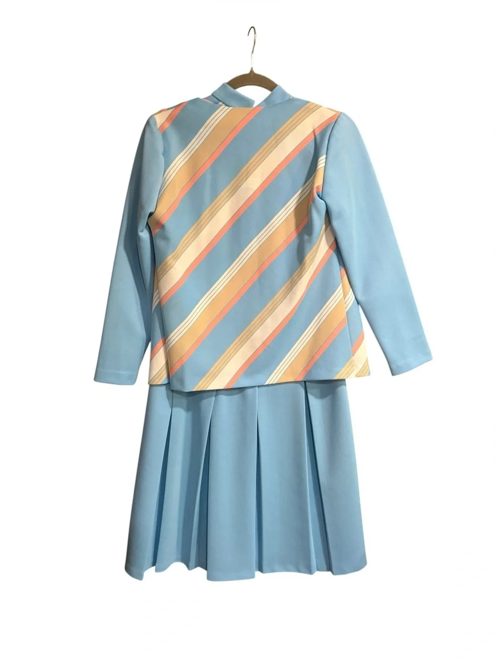 Vintage 1960s Mod Pastel Stripe Dress & Jacket Set Blue Pleated Skirt 2pc